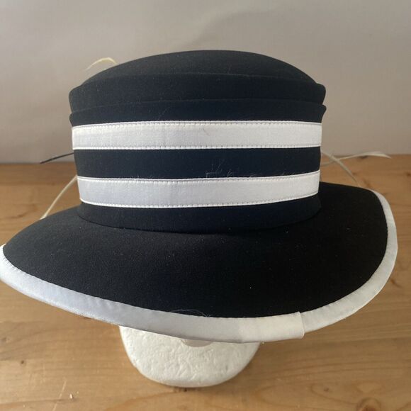 Ben Marc Hat Black & White Derby Dress Church Structured Hat w Satin 3D Flower - Picture 5 of 9